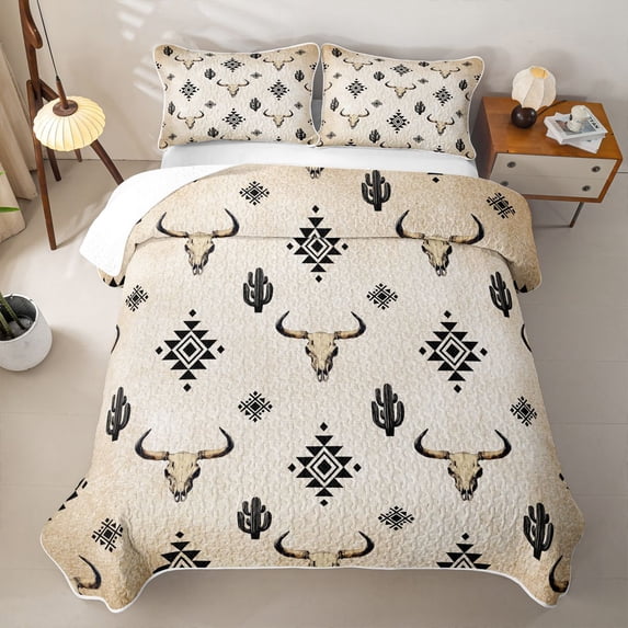 jejeloiu Vintage Western Bull Skull Quilt Full Kids,Rustic Desert Print Full Bedspread Sets For Boy,3 Pieces