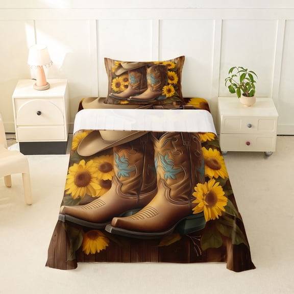 jejeloiu Vintage Western Cowboy Boot Twin Sheet Sets Kids,Rustic Floral Sunflower Bedding For Men,3-Piece