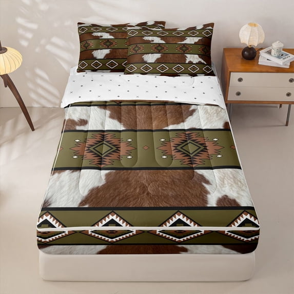 jejeloiu Vintage Western Zipper Full Size Comforter Sets with Fitted Sheet and 2 Pillowcases,Cowhide Print Zipper Bedding Set For Boys,Brown Black,Reversible,4-Piece