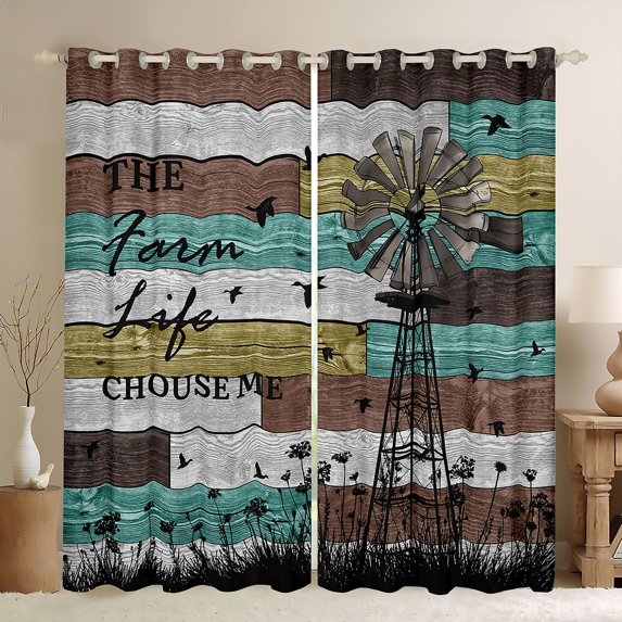jejeloiu Vintage Windmill Black Out Curtains,Country Farmhouse Lodge Curtains Pack of 2 (42x63 Each) For Adults