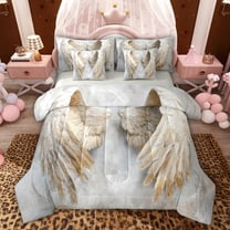 jejeloiu Vintage Wings 7-Piece Twin Bedding Sets,Gray Gold Bedding Comforter Set For Girls Reversible