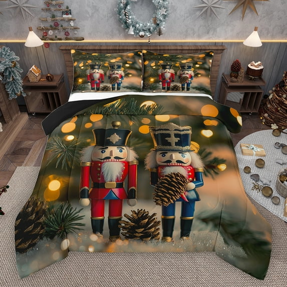 jejeloiu Vintage Xmas Nutcracker Bedding Comforter Set,Rustic Pine Cone Twin Comforter Sets,Happy New Year Bedding Set For Adults,Ultra Soft Home Decor Reversible,2-Piece