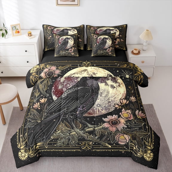 jejeloiu Black Crow 7-Piece King Bedding Set,Plant Floral Daisy Galaxy,Microfiber Reversible Bedroom Decor