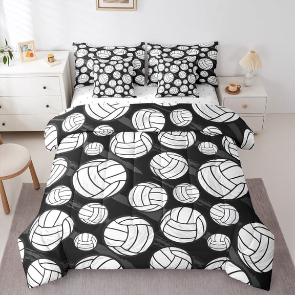jejeloiu Volleyball Bedding Comforter Set 7-Piece,Sport Theme King Bedding Sets,White Black Bed Sheets For Boys Kids,Super Cozy Room Decor