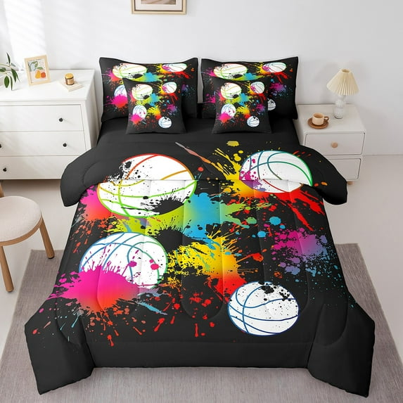 jejeloiu Volleyball Bedding Comforter Set,7 Pieces,Sports Theme Full Bedding Set,Colorful Splash Ink Fitted Sheet Flat Sheet For Boys Kids,Super Cozy Room Decoration Reversible