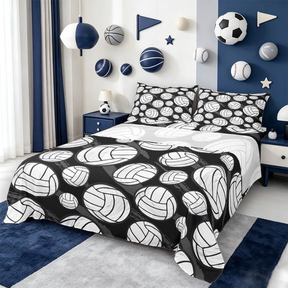 jejeloiu Volleyball Full Size Sheets,Sport Theme Bed Sheets,White Black Sheet Sets For Boys Kids,Super Cozy Room Decor,4-Piece