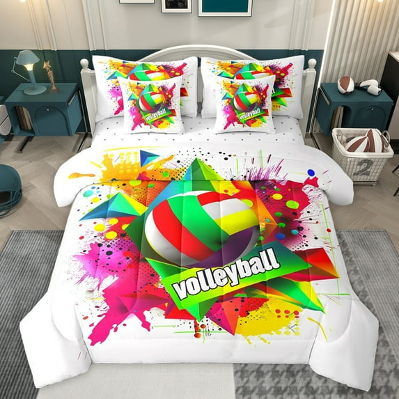 jejeloiu Volleyball Game 7-Piece Twin Bedding Sets,Ball Sport Theme Bedding Comforter Set,Watercolor Splatter Ink Sheet Sets For Boys Kids,Microfiber Bedroom Decor Reversible