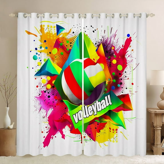 jejeloiu Volleyball Game Black Out Curtains,Ball Sport Theme Curtains Pack of 2 (42x63 Each),Watercolor Splatter Ink Bedroom Curtains For Boys Kids,Microfiber Bedroom Decor