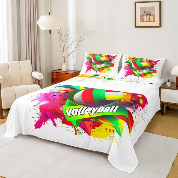 jejeloiu Volleyball Game Twin Sheet Sets,Ball Sport Theme Twin Fitted Sheet,Watercolor Splatter Ink Flat Sheet For Boys Kids,Microfiber Bedroom Decor,3 Pieces