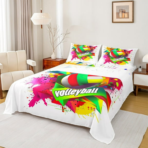 jejeloiu Volleyball Game Twin Sheet Sets,Ball Sport Theme Twin Fitted Sheet,Watercolor Splatter Ink Flat Sheet For Boys Kids,Microfiber Bedroom Decor,3 Pieces
