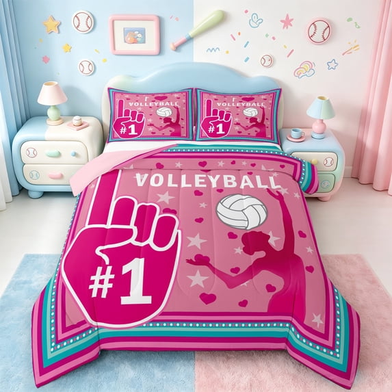 jejeloiu Volleyball Sports Full Size Comforter Sets,Dancing Girl Silhouette Bedding Comforter Set,Pink Stars Heart Bedding Sets For Girls,Ultra Soft Home Decor Reversible,3pcs