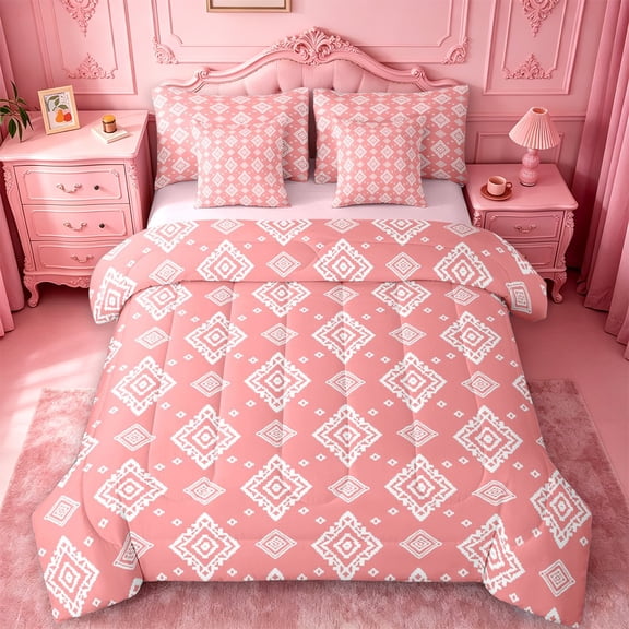 jejeloiu Warm Geometric 7-Piece King Bedding For Men Women,Aztec Diamond King Bed in a Bag,Pink White,Pink Reversible