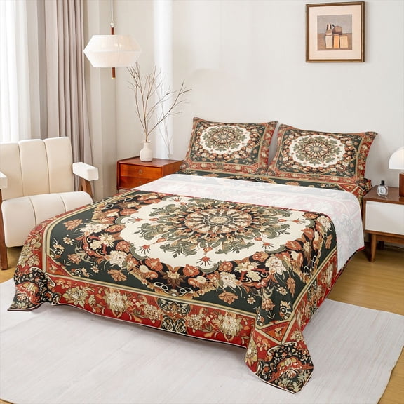 jejeloiu Warm Mandala Queen Sheets For Men Women,Boho Floral Queen Sheet Sets,Multicolor Red Green,4 Pieces,1 Flat Sheet, 1 Fitted Sheet and 2 Pillowcases