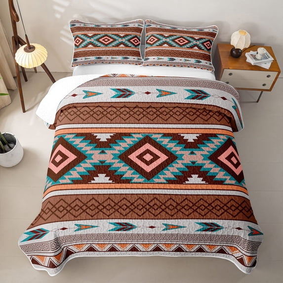 jejeloiu Warm Tribal Quilt King,Geometric Pattern King Coverlet Set For Boys,Brown Turquoise White,3-Piece