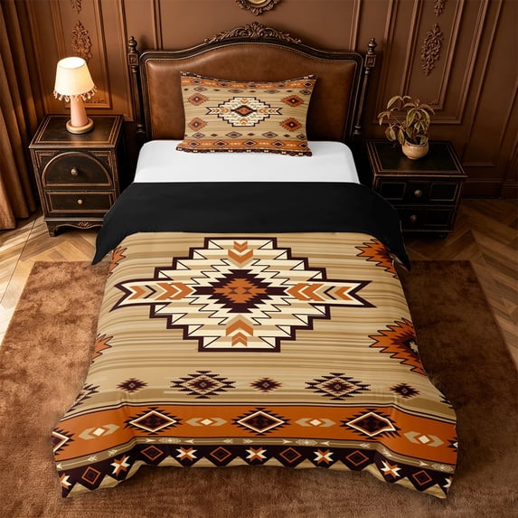 jejeloiu Warm Tribal Twin Duvet Cover,Geometric Print Twin Bedding For Boys,Brown Orange,Black Reversible,2-Piece,1 Duvet Cover and 1 Pillowcase