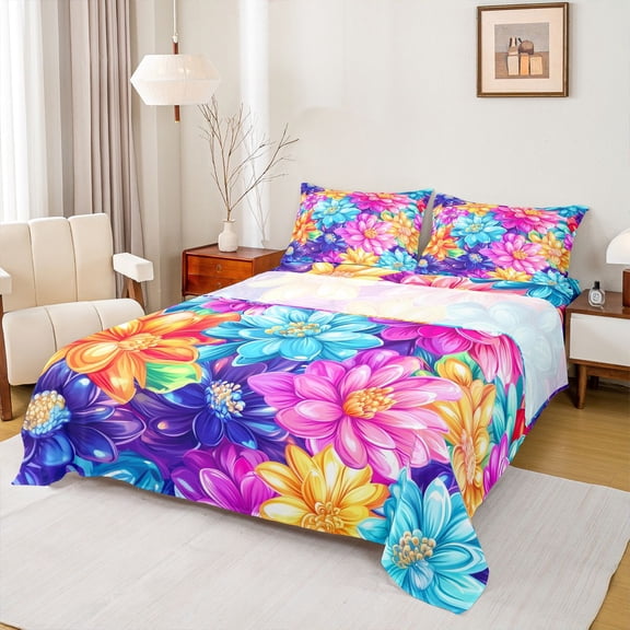 jejeloiu Watercolor 3D Flower Queen Sheet Sets,Colorful Floral Flat Sheet,Pink Blue Orange Queen Fitted Sheet For Adult,Breathable Home Decor,4-Piece