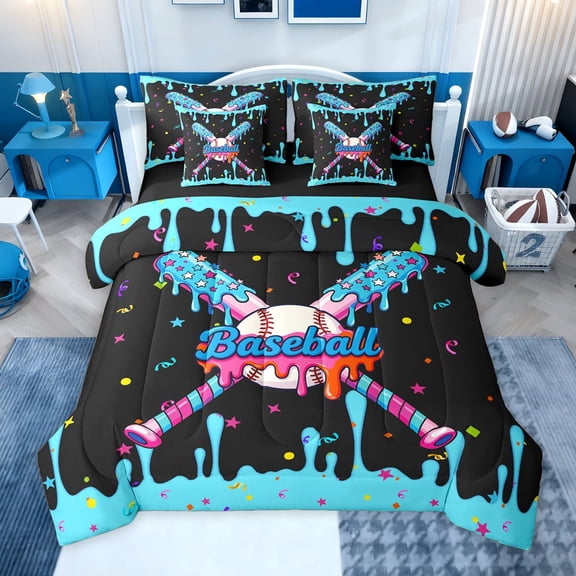 jejeloiu Watercolor Baseball Cream 7-Piece Twin Bedding Sets,Kids Ball Sport Bedding Comforter Set For Teens Reversible