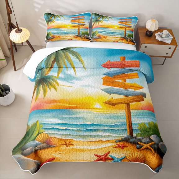 jejeloiu Watercolor Beach Signpost Bed Spread Queen,Starfish Seashell Queen Coverlet Set For Boys,Yellow Blue,3-Piece