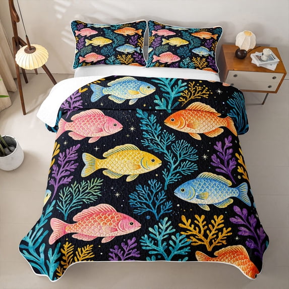 jejeloiu Watercolor Cartoon Fish Quilt Full,Colorful Ocean Coral Full Bedspread Sets For Boys,Black Multicolor,3pcs