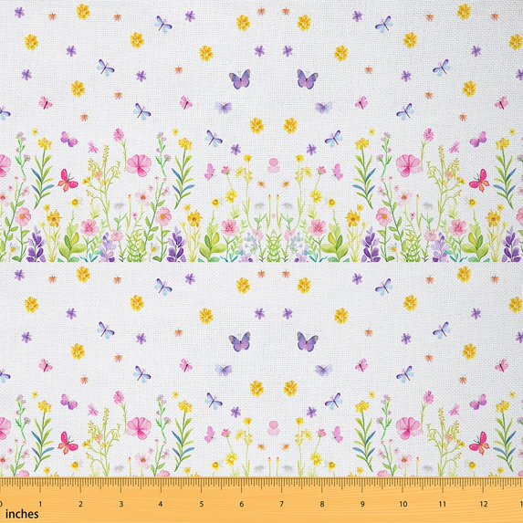 jejeloiu Watercolor Cartoon Flower Fabric by the Yard 1 Yard,Country Floral Home Decor Fabric by the Yard,Dreamy Purple Butterflies Sewing Fabric For Child,Breathable Home Decor