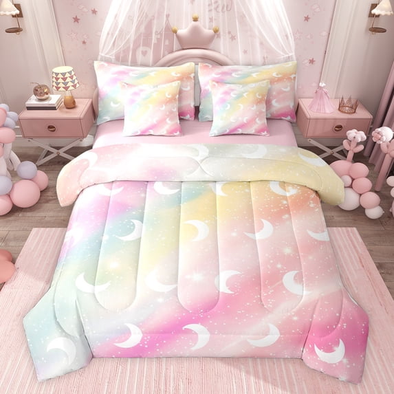 jejeloiu Watercolor Cartoon Nebula 7-Piece Bedding Comforter Set,Kawaii Moon Stars Print King Bedding Sets For Girl Reversible