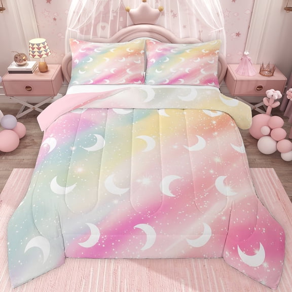jejeloiu Watercolor Cartoon Nebula Queen Comforter Set,Kawaii Moon Stars Print Bedding Comforter Set For Girl Reversible 3pcs