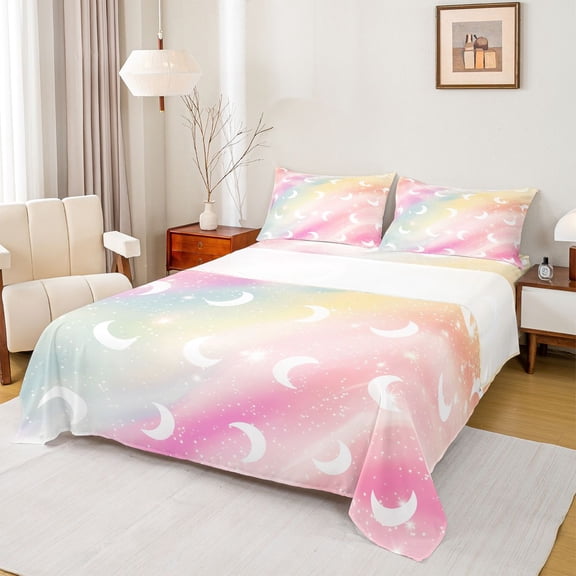 jejeloiu Watercolor Cartoon Nebula Twin Sheet Sets,Kawaii Moon Stars Print Bedding For Girl 3-Piece