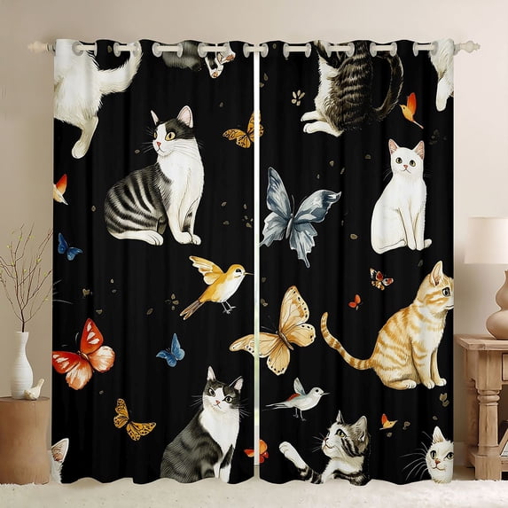 jejeloiu Watercolor Cat Butterfly Curtains Pack of 2 (42x84 Each) For Kids,Colorful Cute Pet Animals Curtains Blackout For Girls