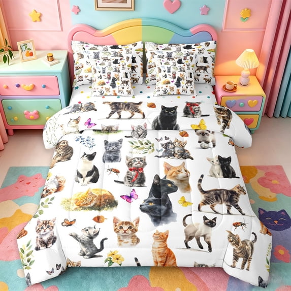 jejeloiu Watercolor Cat Floral 7pcs Bedding Comforter Set Kids,Wildflower Kitten Pattern Queen Bedding Sets,Reversible