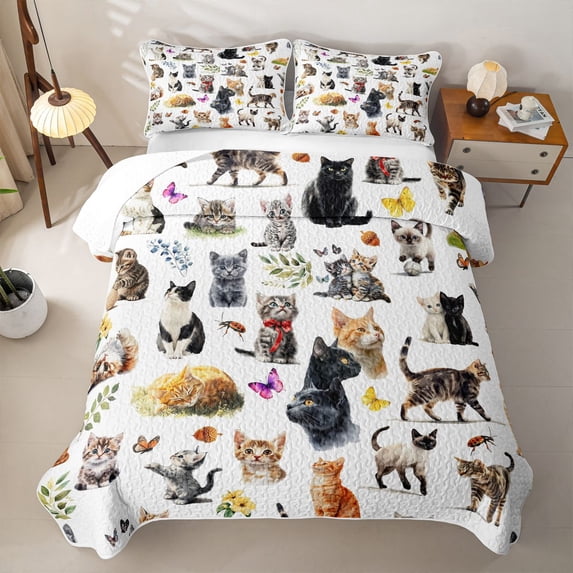 jejeloiu Watercolor Cat Floral Bed Spread Queen Kids,Wildflower Kitten Pattern Queen Coverlet Set,3-Piece