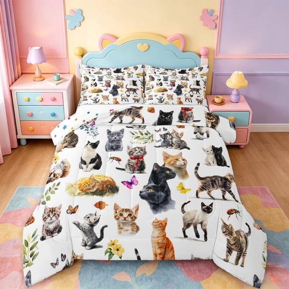 jejeloiu Watercolor Cat Floral Queen Comforter Set Kids,Wildflower Kitten Pattern Bedding Comforter Set,Reversible,3pcs