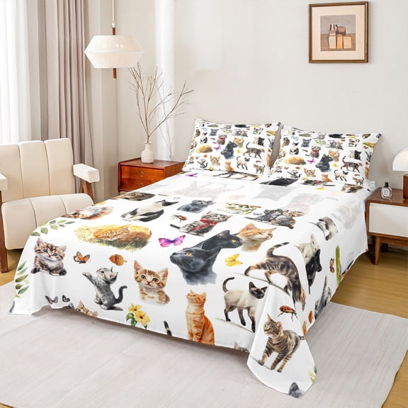 jejeloiu Watercolor Cat Floral Queen Sheet Sets Kids,Wildflower Kitten Pattern Bed Set,4pcs
