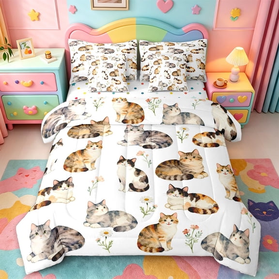 jejeloiu Watercolor Cat Flower Pattern 7-Piece Twin Bedding Sets Kids,Animal Print Bedding Comforter Set,Reversible