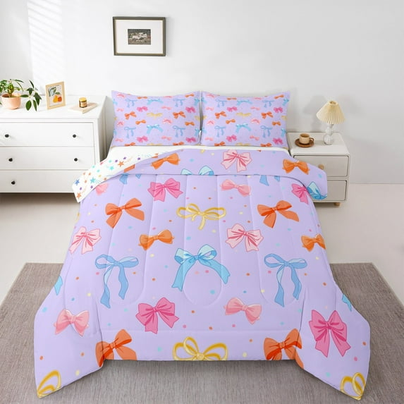 jejeloiu Watercolor Cute Bowknot Queen Comforter Set,Girl Ribbon Bow Bedding Sets,Round Dot Bedding Comforter Set For Girls,Super Cozy Bedroom Decor Reversible,3pcs