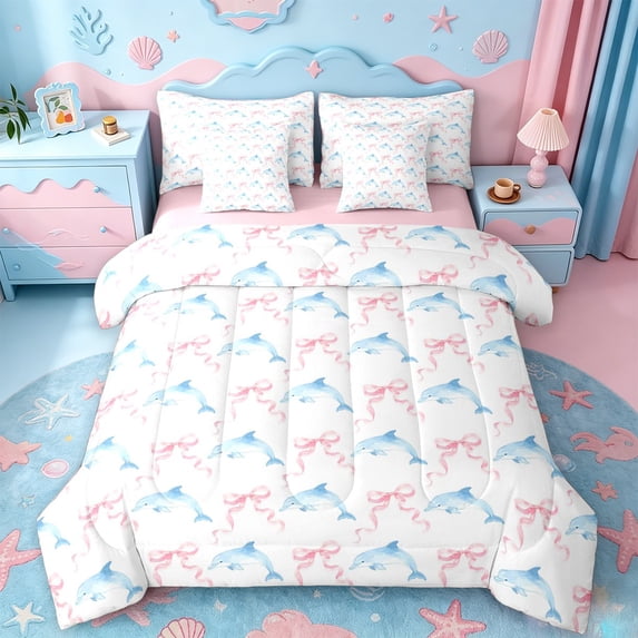 jejeloiu Watercolor Dolphin Bow 7-Piece Twin Bedding For Girls,Sweet Nautical Theme Bedding Comforter Set,Pastel Blue,Pink Reversible