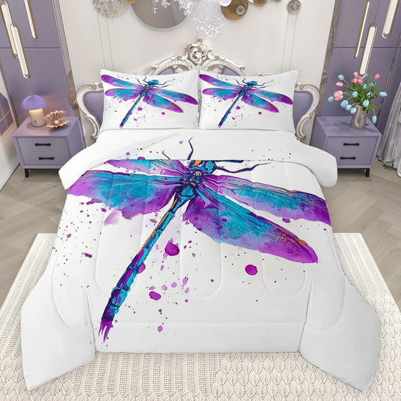 jejeloiu Watercolor Dragonfly Bedding Comforter Set,Colorful Splashing Ink Twin Comforter Sets,Blue Purple White Bedding Set For Girls Kids,Breathable Home Decor,2-Piece