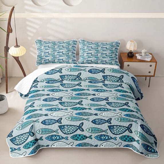 jejeloiu Watercolor Fish Print Twin Quilt Set,Coastal Pattern Twin Coverlet Set For Boys,Blue White,2 Pieces