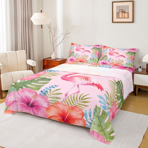 jejeloiu Watercolor Flamingo Tropical Pattern Bed Sheets Kids,Pink Floral Print King Sheets For Girls,4-Piece