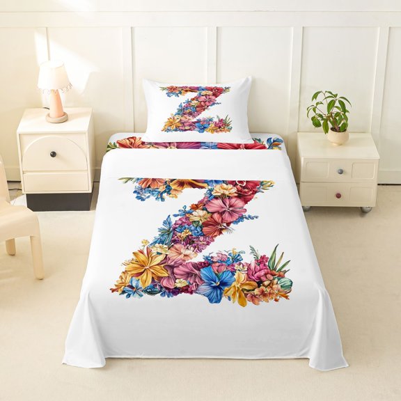 jejeloiu Watercolor Floral Blossom Twin Sheet Sets For Girls,Colorful Monogram Z Flower Pattern Bedding For Kids,3 Pieces