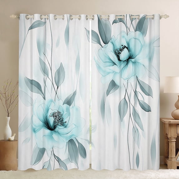 jejeloiu Watercolor Floral Curtains Pack of 2 (42x84 Each),Retro Flower Blossom Curtains Blackout,White Cyan Bedroom Curtains For Teens,Breathable Home Decor