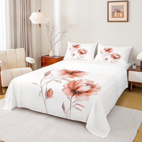 jejeloiu Watercolor Floral Full Size Sheets,Retro Flower Blossom Bed Sheets,White Orange Sheet Sets For Teens,Breathable Home Decor,4pcs