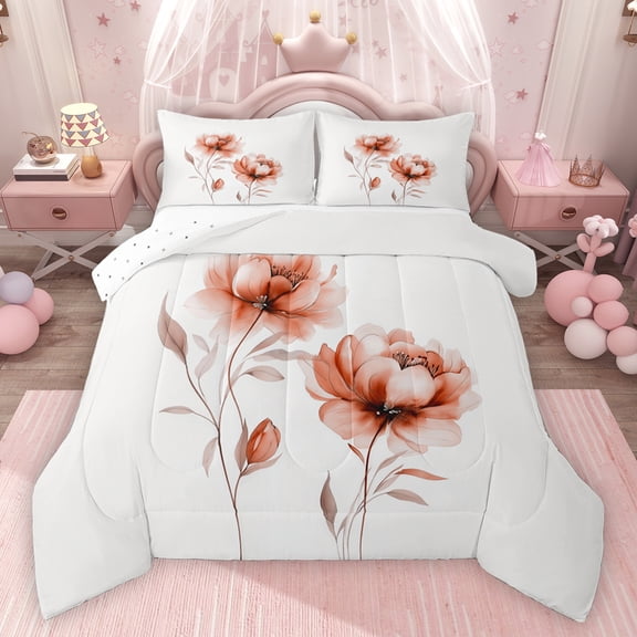 jejeloiu Watercolor Floral Queen Comforter Set,Retro Flower Blossom Bedding Sets,White Orange Bedding Comforter Set For Teens,Breathable Home Decor Reversible,3-Piece