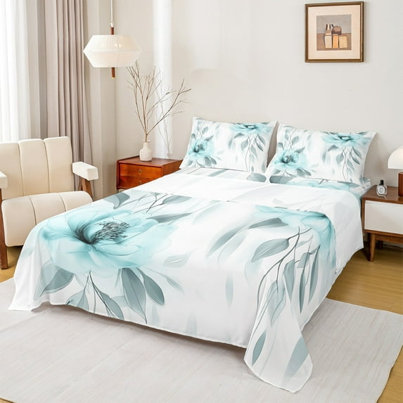 jejeloiu Watercolor Floral Twin Sheet Sets,Retro Flower Blossom Twin Fitted Sheet,White Cyan Flat Sheet For Teens,Breathable Home Decor,3-Piece