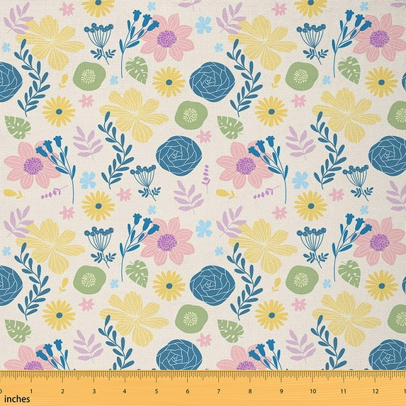 jejeloiu Watercolor Flower Floral Fabric by the Yard 1 Yard,Country Farmhouse Cabin Home Decor Fabric by the Yard,Yellow Teal Sewing Fabric For Child,Breathable Home Decor