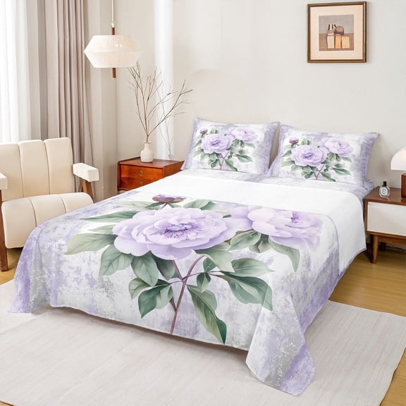 jejeloiu Watercolor Flowers Bed Sheets,Abstract Oil Painting King Sheets,Green Purple Ombre Sheet Set For Girls,Breathable Home Decor,4-Piece