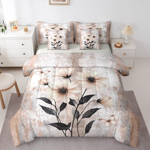 jejeloiu Watercolor Flowers Bedding Comforter Set 7 Pieces,Country Butterfly Full Bedding Set,Brown White Ombre Fitted Sheet Flat Sheet For Girls,Breathable Home Decor Reversible