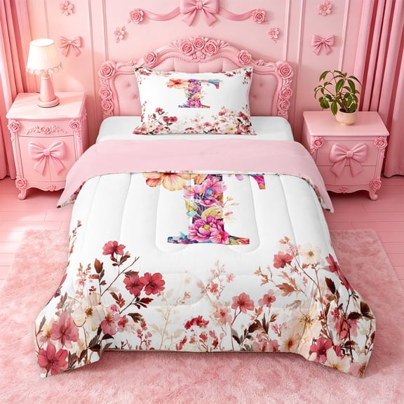 Catabedysis Watercolor Flowers Twin Comforter Sets For Girl,Boho Alphabet T Design Bedding Set,Pink Reversible,2 Pieces,1 Comforter and 1 Pillowcase