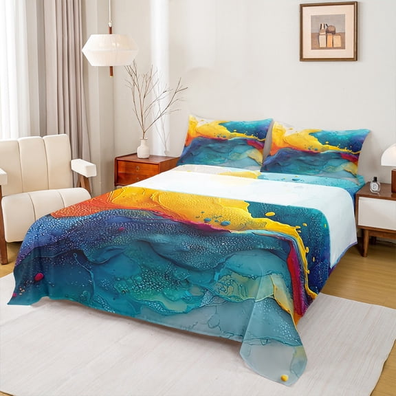 jejeloiu Watercolor Fulid Art Twin Sheet Sets,Ink Painting Artwork Twin Fitted Sheet,Watercolor Flat Sheet For Men Women,Breathable Home Decor,3 Pieces