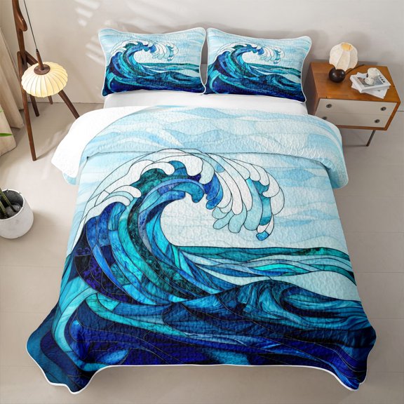 jejeloiu Watercolor Glass Ocean Wave Bed Spread Queen Kids,Coastal Print Queen Coverlet Set,3pcs