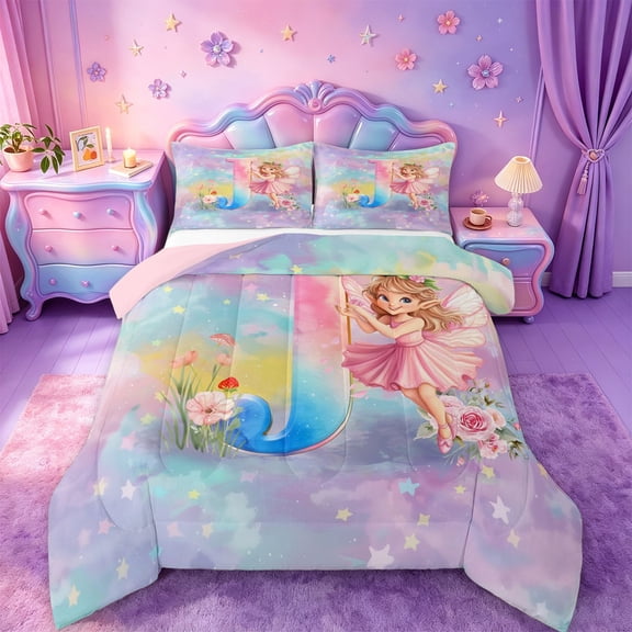 jejeloiu Watercolor Gradient Graffiti Queen Comforter Set For Girls,Magical Rainbow Initial J Bedding Comforter Set For Kids,Pink Reversible,3 Pieces